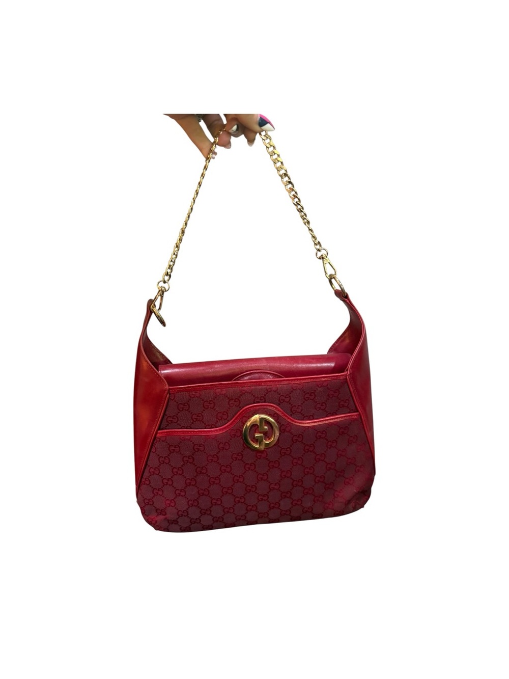 🇺🇸Vintage Gucci Red GG Monogram Canvas & Leather Shoulder Bag Italy - Picture 9 of 14